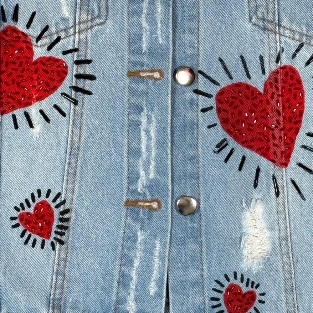 One-Of-A-Kind Distressed Denim Jacket Red Beaded Hearts Light Wash - Picture 3 of 6